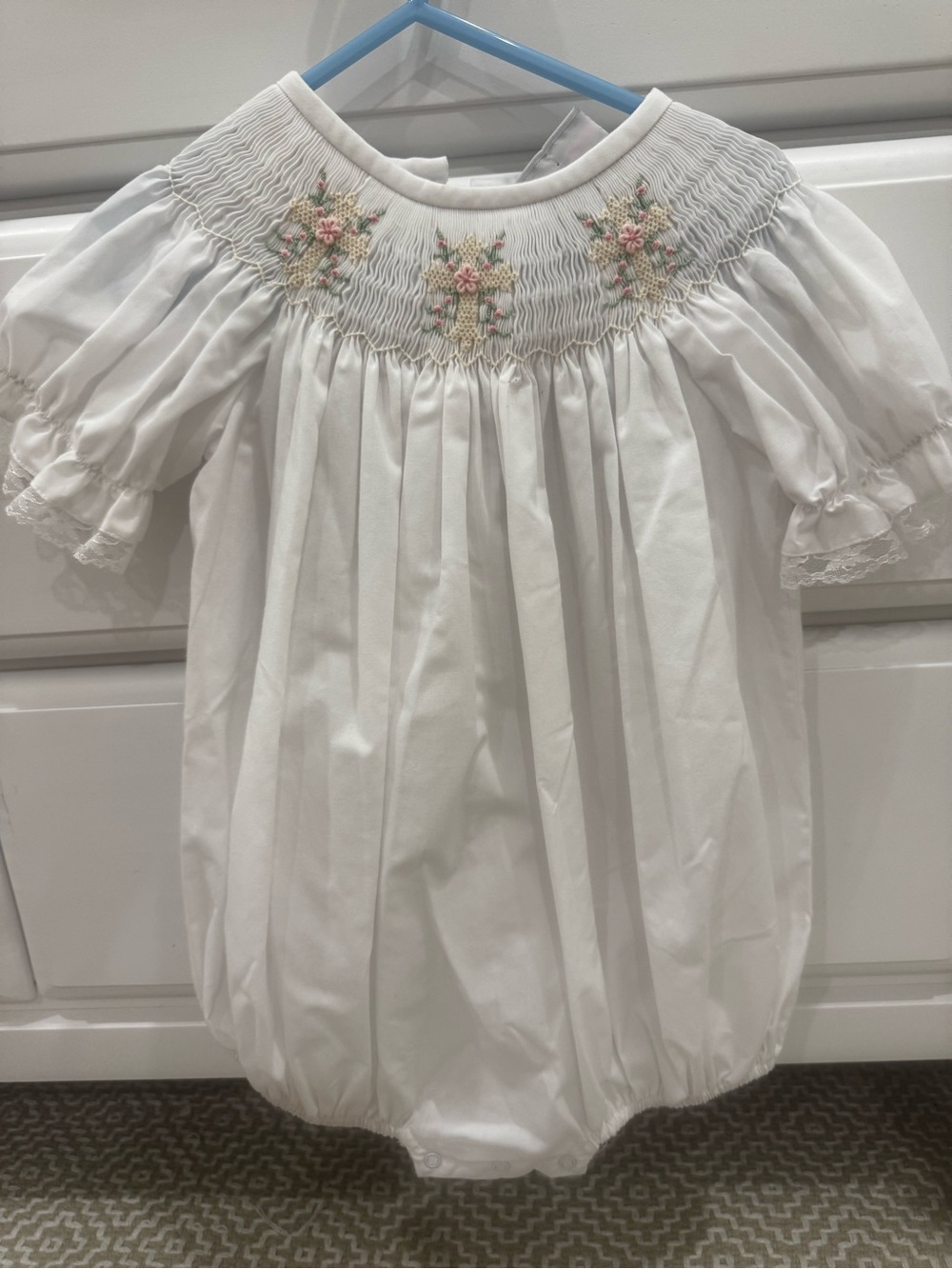 Smocked White Baby Bubble with Embroidered crosses and flowers